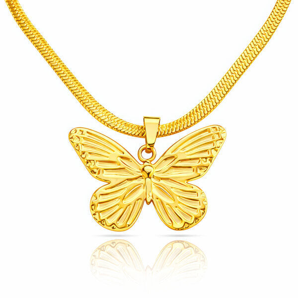Gold Herringbone Large Butterfly Pendant Necklace