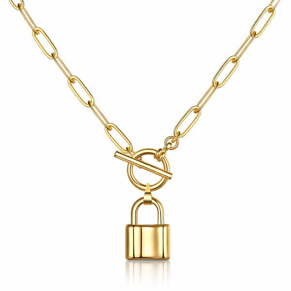 Gold Paperclip Chain Toggle Padlock Necklace