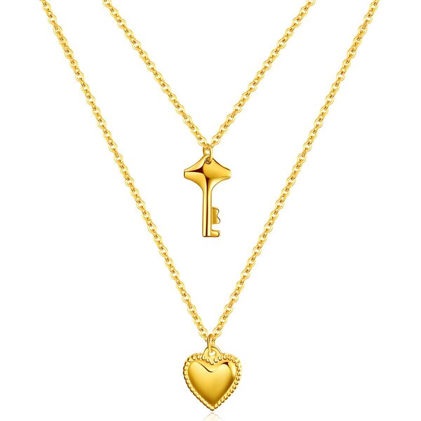 Gold Multi-Strand Key and Heart Pendant Necklace