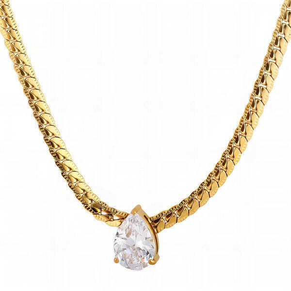 Gold Herringbone Chain Pear Solitaire Necklace