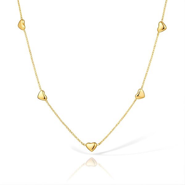 Gold Puffy Heart Station Necklace