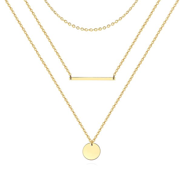 Gold Layered Bar and Disc Pendant Necklace