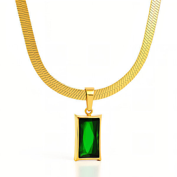 Gold Herringbone Emerald-Cut Green Pendant Necklace
