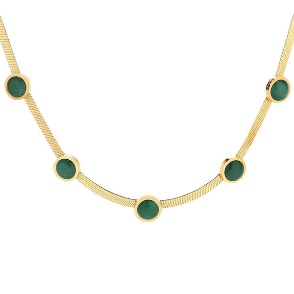 Gold Herringbone Green Stone Station Necklace