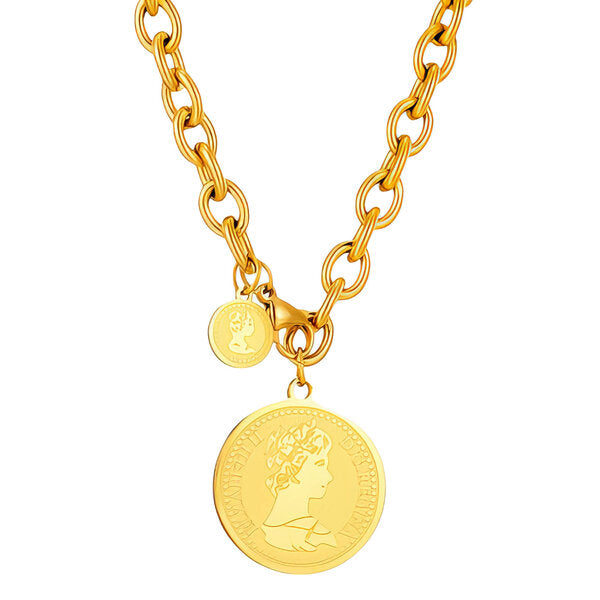 Gold Chunky Link Coin Pendant Necklace
