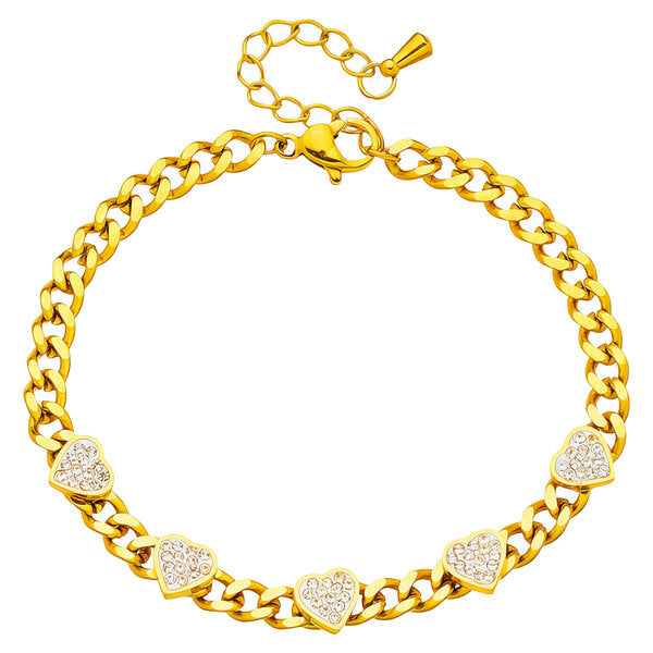 Gold Pavé Crystal Heart Curb Chain Bracelet   (Length 16.5+3CM)