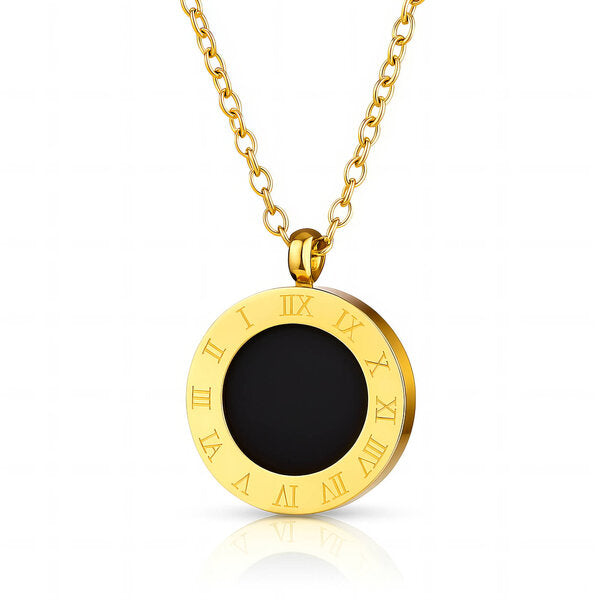 Gold Roman Numeral & Black Inset Coin Pendant Necklace