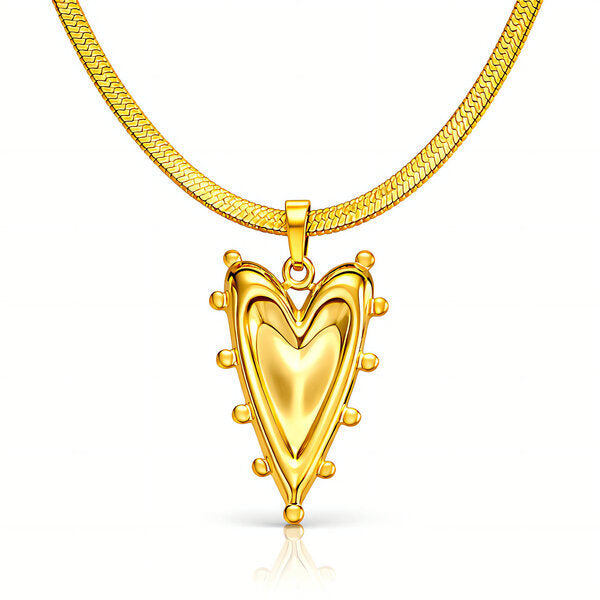Gold Herringbone Studded Heart Pendant Necklace