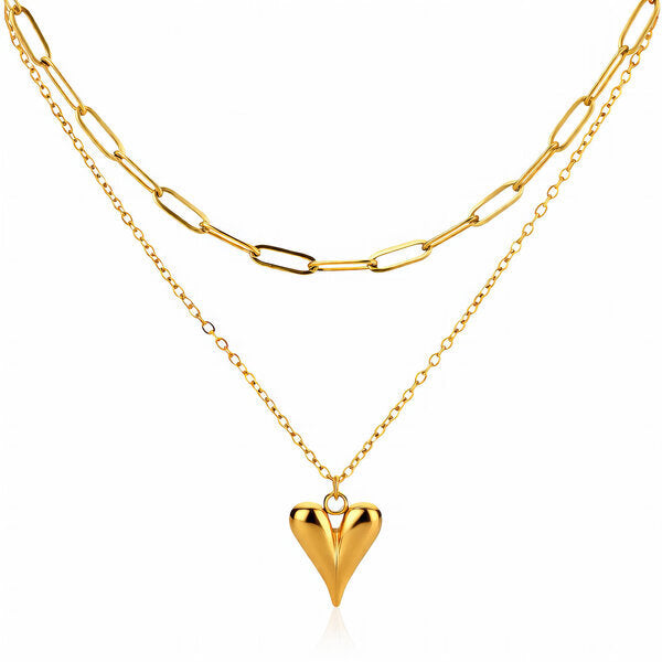 Gold Double-Layer Paperclip and Puffed Heart Necklace
